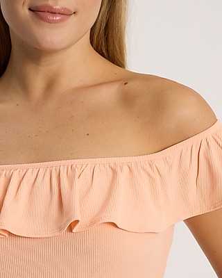 Ribbed Fitted Off The Shoulder Ruffle Bodysuit