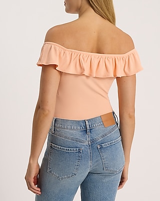 Ribbed Fitted Off The Shoulder Ruffle Bodysuit