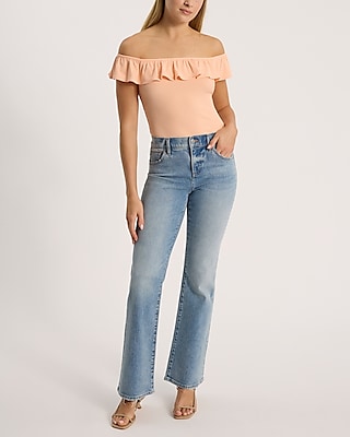 Ribbed Fitted Off The Shoulder Ruffle Bodysuit