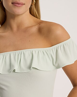 Ribbed Fitted Off The Shoulder Ruffle Bodysuit | Express