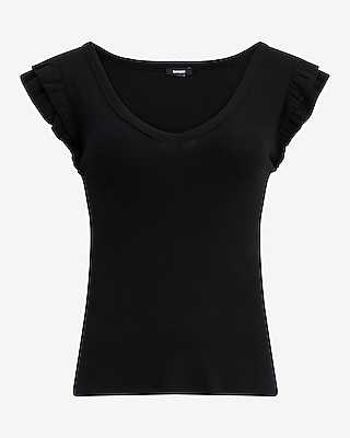 Ribbed V-Neck Flutter Sleeve Tee