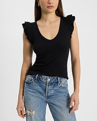 Ribbed V-Neck Flutter Sleeve Tee