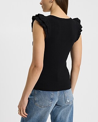 Ribbed V-Neck Flutter Sleeve Tee
