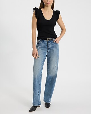 Ribbed V-Neck Flutter Sleeve Tee