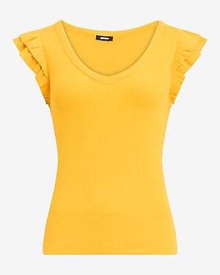 Ribbed V-Neck Flutter Sleeve Tee