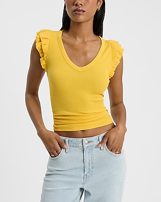 Ribbed V-Neck Flutter Sleeve Tee