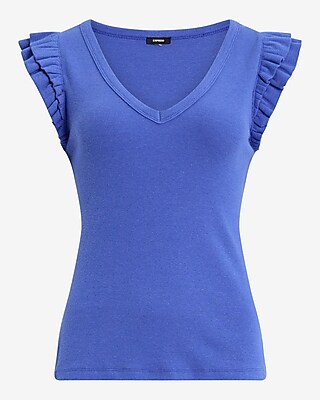 Ribbed V-Neck Flutter Sleeve Tee