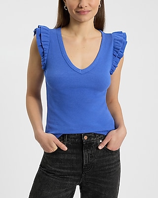 Ribbed V-Neck Flutter Sleeve Tee