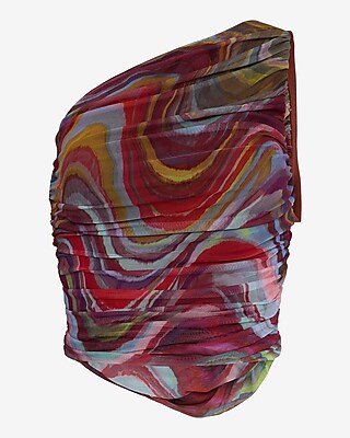 Mesh Printed One Shoulder Ruched Tank