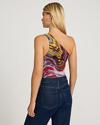Mesh Printed One Shoulder Ruched Tank