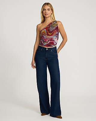 Mesh Printed One Shoulder Ruched Tank