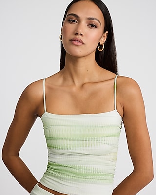 Mesh Printed Square Neck Ruched Cropped Cami