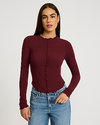 Crew Neck Long Sleeve Scalloped Tee