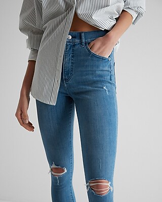 High Waisted Medium Wash Ripped Raw Hem Skinny Jeans - image 2