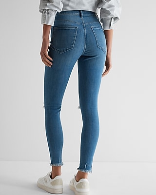High Waisted Medium Wash Ripped Raw Hem Skinny Jeans - image 5