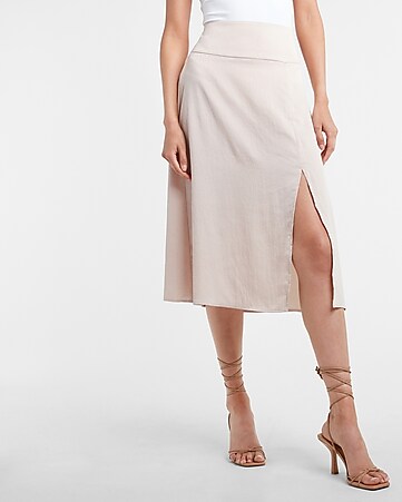Express Women's High Waisted Satin Front Slit Midi Slip Skirt