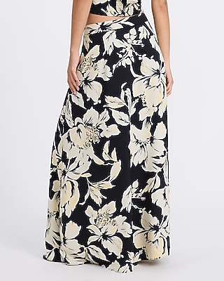 Crepe Floral High Waisted Side Slit Maxi Skirt