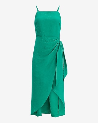 Textured Square Neck Wrap Tie Midi Dress