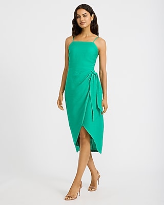 Textured Square Neck Wrap Tie Midi Dress
