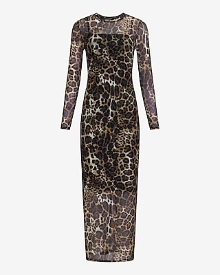 Leopard Mesh Crew Neck Long Sleeve Maxi Sheath Dress