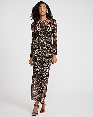 Leopard Mesh Crew Neck Long Sleeve Maxi Sheath Dress