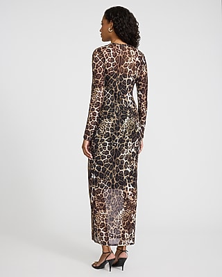 Leopard Mesh Crew Neck Long Sleeve Maxi Sheath Dress