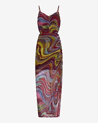 Printed Mesh V-Neck Cutout Open Back Ruched Maxi Dress