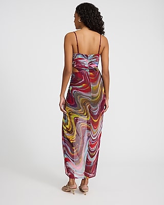 Printed Mesh V-Neck Cutout Open Back Ruched Maxi Dress