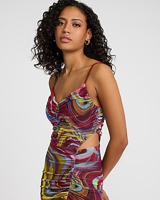 Printed Mesh V-Neck Cutout Open Back Ruched Maxi Dress
