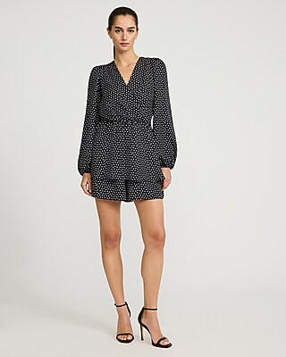 Polka Dot V-Neck Long Sleeve Surplice Romper
