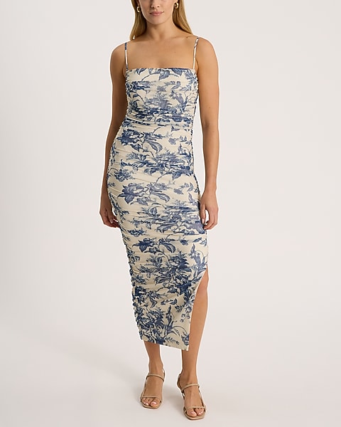 floral ruched midi dress Lost In Love Your summer date night deserves a little something special Body Contour Mesh Floral Ruched