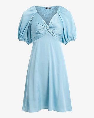 Satin V-Neck Puff Sleeve Twist Front Mini Fit and Flare Dress