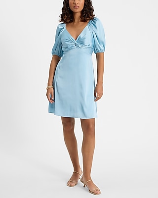 Satin V-Neck Puff Sleeve Twist Front Mini Fit and Flare Dress