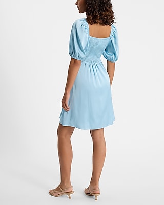 Satin V-Neck Puff Sleeve Twist Front Mini Fit and Flare Dress