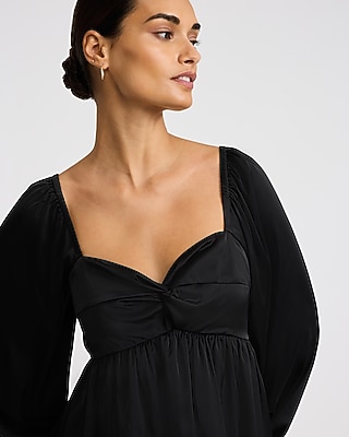 Satin Sweetheart Long Sleeve Twist Front Mini Dress