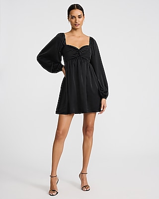 Satin Sweetheart Long Sleeve Twist Front Mini Dress