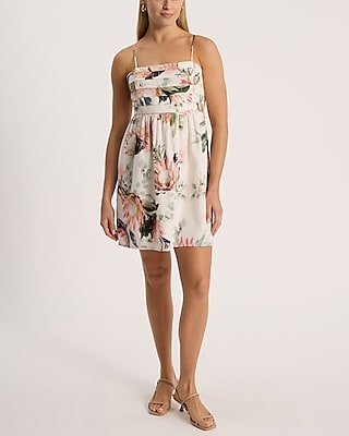 Linen-Blend Floral Ruched Mini Babydoll Dress