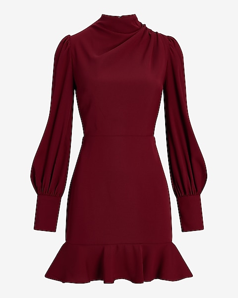 Express, Puff Sleeve Mock Neck Bodycon Sweater Dress in Racing Red