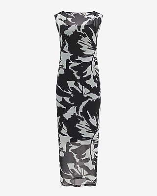 Printed Mesh Boat Neck Sleeveless Maxi Dress