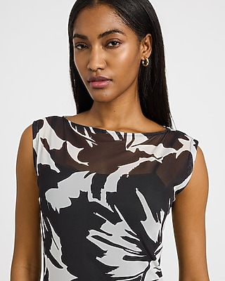 Printed Mesh Boat Neck Sleeveless Maxi Dress