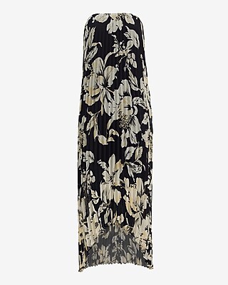 Chiffon Floral Strapless Pleated High-Low Maxi Dress