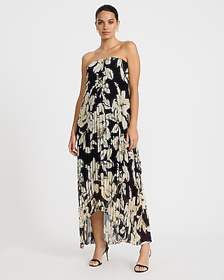 Chiffon Floral Strapless Pleated High-Low Maxi Dress