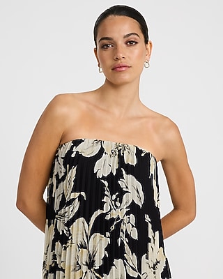 Chiffon Floral Strapless Pleated High-Low Maxi Dress
