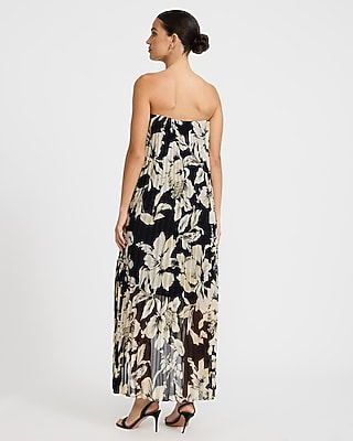 Chiffon Floral Strapless Pleated High-Low Maxi Dress