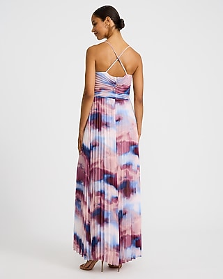 Printed V-Neck Pleated Maxi Dress