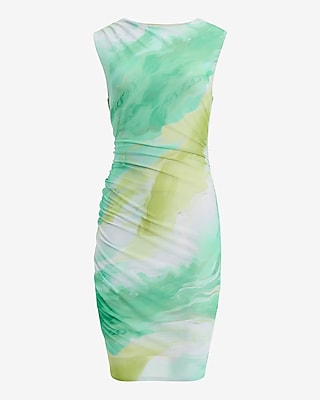 Mesh Printed Crew Neck Sleeveless Ruched Mini Dress