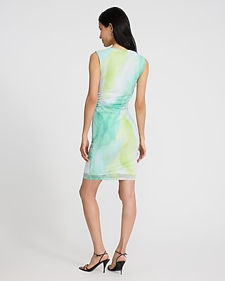 Mesh Printed Crew Neck Sleeveless Ruched Mini Dress