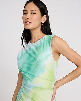 Mesh Printed Crew Neck Sleeveless Ruched Mini Dress
