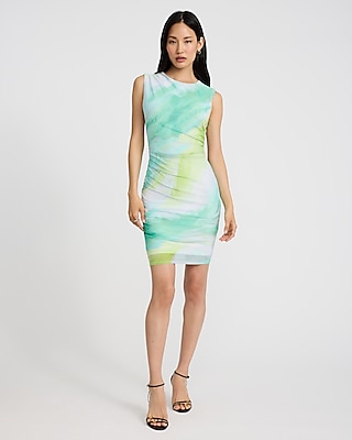 Mesh Printed Crew Neck Sleeveless Ruched Mini Dress