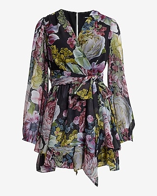 Floral V-Neck Long Sleeve Tie Waist Surplice Romper